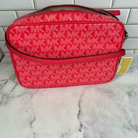 Michael Kors Jet Set Geranium Crossbody  Leather PVC Signature MK  Bag - Picture 7 of 11